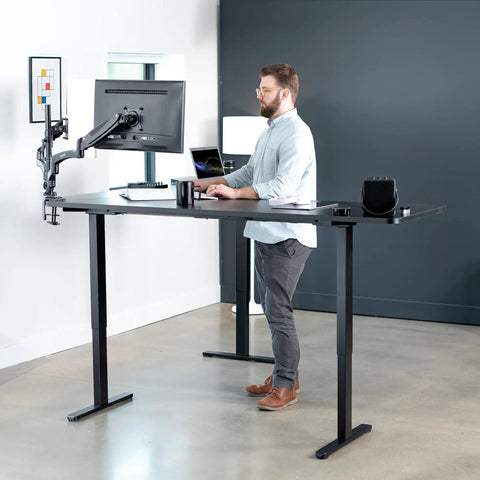 Rock Solid Corner Standing Desk Rig In Matte Black With Lightning Fast Height Adjustments And Split Tabletop Design with monitor