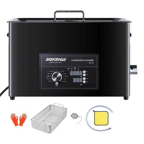 Ultrasonic Cleaner Machine 30L With Digital Heater Timer And Knob Control For Fast Pro Grade Heavy Duty 40KHz Deep Cleaning Of Car Parts Like Carburetors Spray Nozzles And Small Components Degassing Mode, black countertop unit with basket