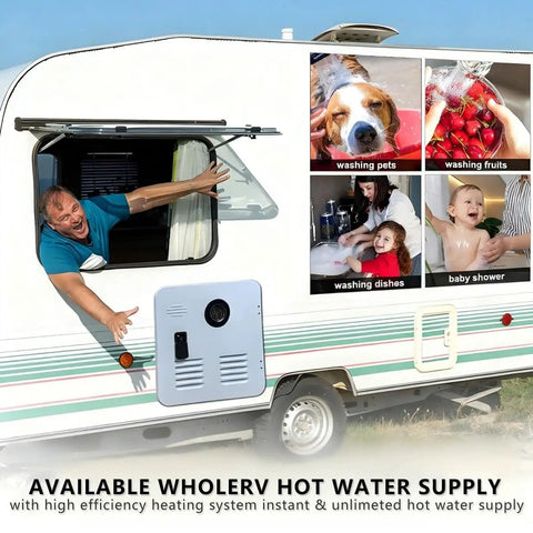 Man excitedly reaches out from RV window near Road Ready 55000 BTU Propane Tankless Water Heater For Camper Delivers Instant Hot Showers Zero Wait Time Keeps Your Squad Squeaky Clean On Every Weekend Adventure Outdoors.