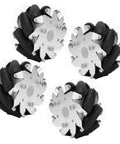 Four 100mm steel mecanum wheels with nine rubber rollers and aluminum hub for omni-directional RC robot car, front view.