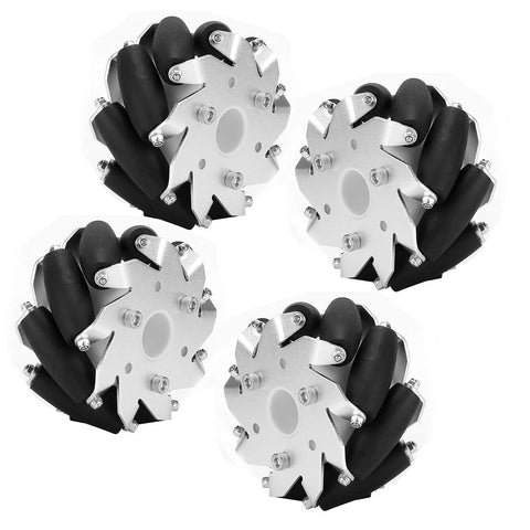 Four 100mm steel mecanum wheels with nine rubber rollers and aluminum hub for omni-directional RC robot car, front view.