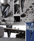 Close-up of Cobalt Step Drill Set M35 Four Groove Spiral Flute 19 Step Size drilling through metal surface, showcasing spiral flute design.