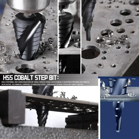 Close-up of Cobalt Step Drill Set M35 Four Groove Spiral Flute 19 Step Size drilling through metal surface, showcasing spiral flute design.