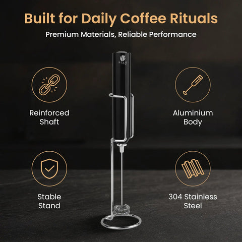 Rechargeable Milk Frother Handheld With Aluminum Body And Stainless Steel Wand, Adjustable Speed, USB C Cable And Stand Included