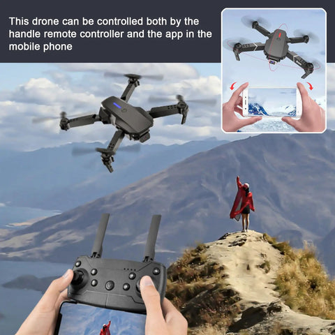 Mini Foldable Drone With Two 4K HD Cameras, 360 Degree Flip, remote controller in action over scenic mountain landscape