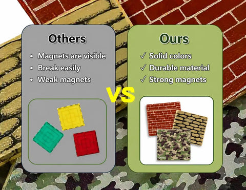 Comparison of Military Battlefield Base Magnetic Tiles Building Blocks Army War Themed Playset, highlighting durability and strength