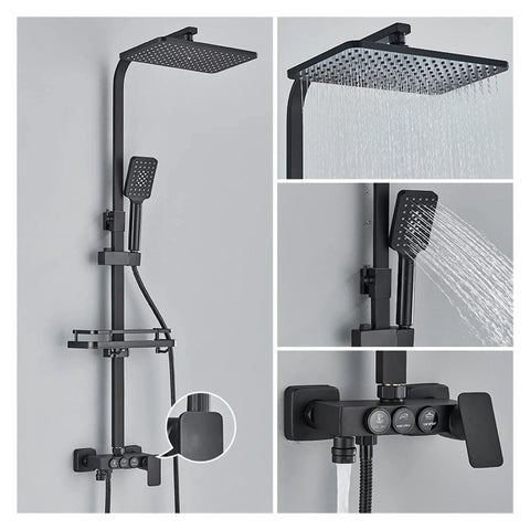 RIBEUJIZS Digital Shower System, Black Themostatic Digital Display Shower Faucet with rainfall head and handheld sprayer.