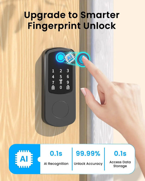 Person using Go Keyless Front Door Smart Lock With Fingerprint, App Control, Electronic Keypad Deadbolt, Passcode Access.