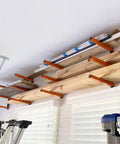 Wall Mounted Lumber Storage Rack Two Piece Set For Garage And Warehouse, Heavy Duty Metal Wood Organizer installed with items