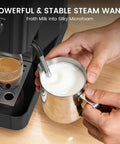 No Sweat Home Espresso Machine With Integrated Grinder And 20 Bar Pressure Pump Fast Heating Milk Frother steaming milk into microfoam.