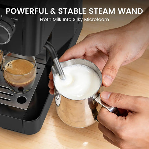 No Sweat Home Espresso Machine With Integrated Grinder And 20 Bar Pressure Pump Fast Heating Milk Frother steaming milk into microfoam.