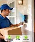 Delivery person using Rock Solid No Drill Adhesive Doorbell Mount For Eufy E340, sturdy installation on home exterior.