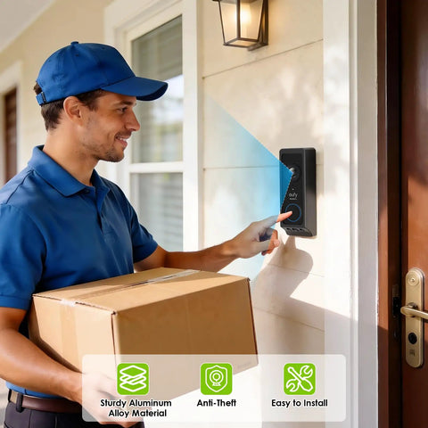 Delivery person using Rock Solid No Drill Adhesive Doorbell Mount For Eufy E340, sturdy installation on home exterior.