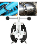 Solid Steel Pipe Alignment Clamp Model A1 Welding Positioner Tool For Accurate Tack and Perfect Fit Ups On Jobsites Without Slippage Or Rust, with close-up on its grip and dual handles.