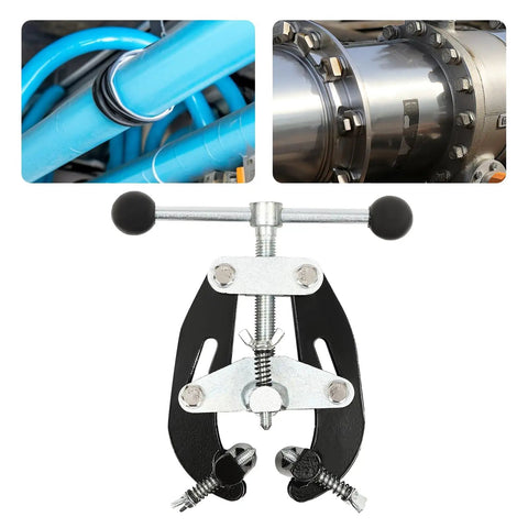 Solid Steel Pipe Alignment Clamp Model A1 Welding Positioner Tool For Accurate Tack and Perfect Fit Ups On Jobsites Without Slippage Or Rust, with close-up on its grip and dual handles.