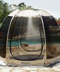 Heavy Duty Waterproof 10x10 Tarpaulin Ground Cover For Outdoor Camping under mesh tent, near poolside, showcasing rust-resistant grommets.