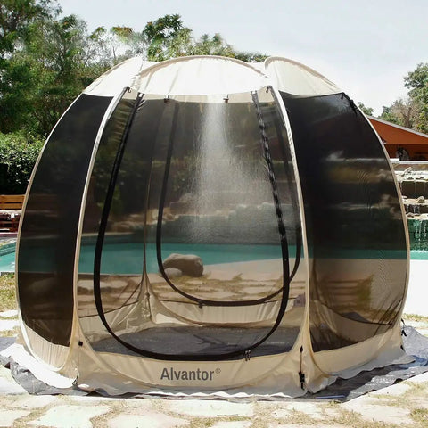 Heavy Duty Waterproof 10x10 Tarpaulin Ground Cover For Outdoor Camping under mesh tent, near poolside, showcasing rust-resistant grommets.