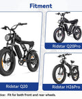Fitment options for Ridstar Q20, Q20 Pro, and H26 Pro e-bikes with 180mm Dope Brake Disc Rotor Kit for front or rear replacement.