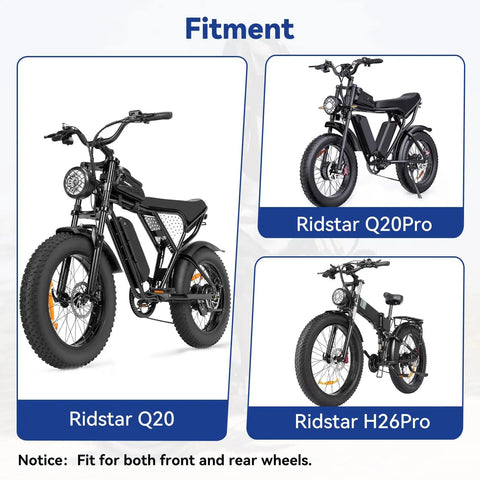 Fitment options for Ridstar Q20, Q20 Pro, and H26 Pro e-bikes with 180mm Dope Brake Disc Rotor Kit for front or rear replacement.