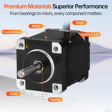 YEJMKJ NEMA 14 stepper motor, front view, square black 35x44 mm frame with protruding shaft, 1.8° 2-phase.