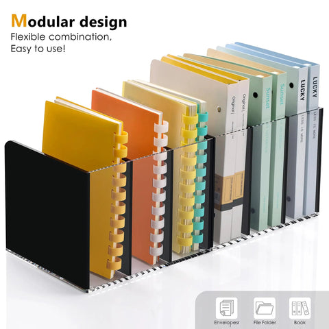 Clear Acrylic Desk Organizer With 3 Vertical Compartments For Files Magazines And Folders Desktop File Holder, black finish, filled with colorful notebooks