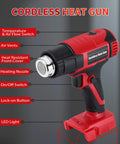 Red Cordless Heat Gun 380W Fast Heating Up To 1022F And 572F, Compatible With M18 18V Battery, showing LED light and controls