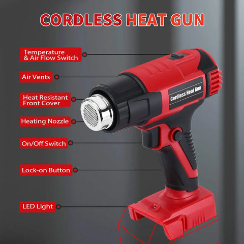 Red Cordless Heat Gun 380W Fast Heating Up To 1022F And 572F, Compatible With M18 18V Battery, showing LED light and controls