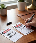 No Sweat Bulk 50 Pack Danger Out Of Service Tags For Industrial Facilities With Double Sided Bold Print and Marker Pen in use.