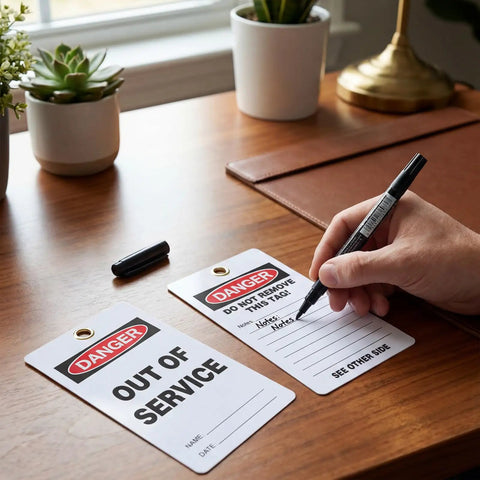 No Sweat Bulk 50 Pack Danger Out Of Service Tags For Industrial Facilities With Double Sided Bold Print and Marker Pen in use.