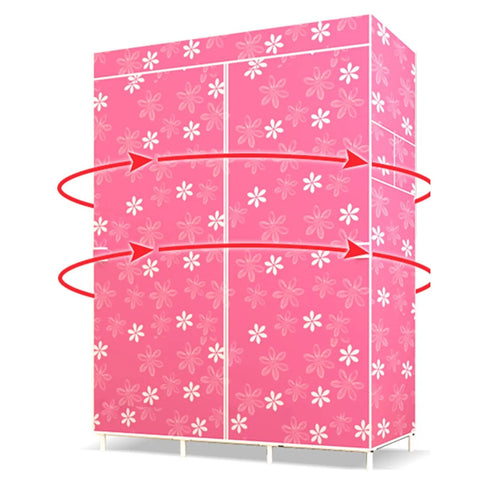 Solid Portable Closet Organizer With Heavy Duty Fabric Zipper Cover in pink flower design, roomy for dorm or apartment use.
