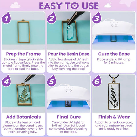 Ultimate UV Resin Jewelry Kit with 250g Clear Resin and Upgraded Light 153pcs DIY set usage steps illustration