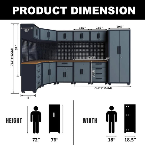 Dimensions of Tough As Nails 16 Piece Metal Garage Cabinet Collection with height, width, and depth measurements.