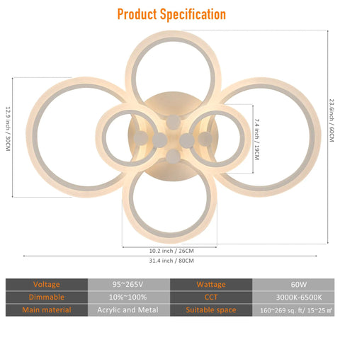 Dimmable LED Ceiling Light With Dope 6 Ring Flower Design, 31.4 Inch Flush Mount Chandelier, front view, specification details