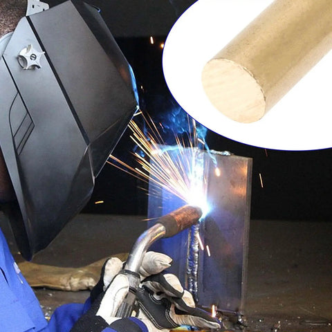 Welder using a torch with inset of 2 Pack Three Quarters Inch Brass Rods, 11.81 Inch Length, Solid Lathe Bar Brass Stock For Crafts