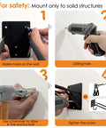 Installation guide for Beefy Heavy Duty Garage Hooks 8 Pack for Wall Mount Storage showing marking, drilling, hammering, and screwing steps.