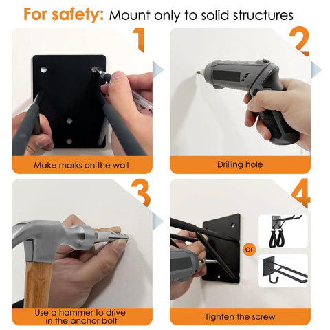 Installation guide for Beefy Heavy Duty Garage Hooks 8 Pack for Wall Mount Storage showing marking, drilling, hammering, and screwing steps.