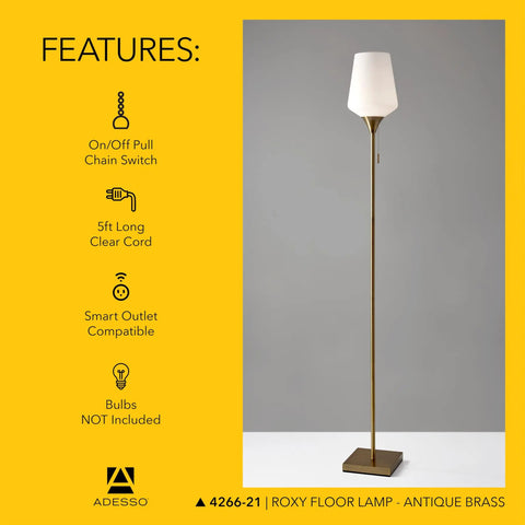 Roxy Tall Floor Lamp in Brushed Steel With White Opal Glass, UL Listed, features and specifications displayed.
