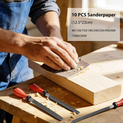 Using sandpaper from the 27 Piece Metal File Set With Flat Half Round Round And Triangle Files 12 Needle Files 10 Sandpapers And A Wire Brush For Metalworking And DIY Woodworking Made From T12 High Carbon Steel Durable For Any Shop Task.