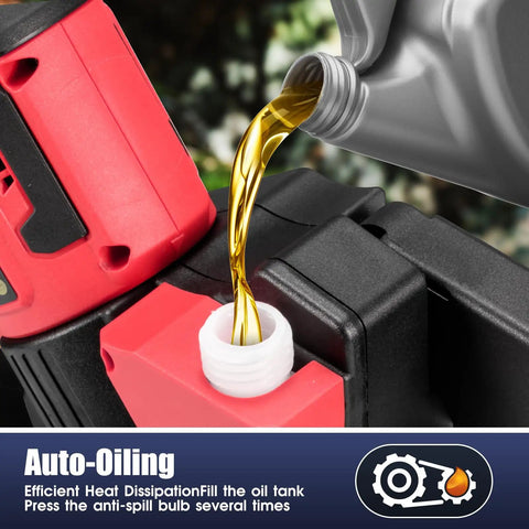 Close-up of oil being poured into 18V Mini Chainsaw With Auto-Oiler, 8-Inch Brushless Cordless Pruning Saw, red, no battery.