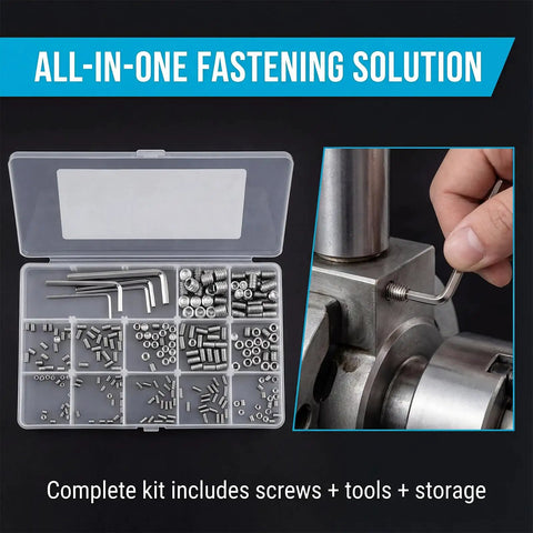 Pro Grade 300 Pcs All In One Set Screw Kit M3 M4 M5 M6 M8 304 Stainless Steel Cup Point Screws For Bathroom Fixtures Door Handles Knobs Faucets Plumbing Includes Wrenches, showing open case and a hand using a wrench on a fixture