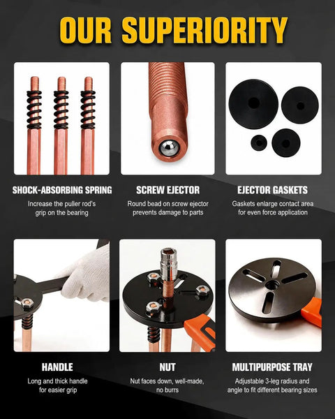 Components of 55-In-1 Bearing Puller Set For Auto, Bike, And Industrial Repair including springs, screw ejector, gaskets, handle, and tray.
