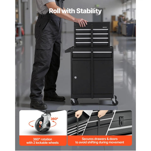 Rolling Tool Chest And Cabinet Set 2 In 1 Design With Five Drawers And Detachable Top Tool Box in a workshop setting