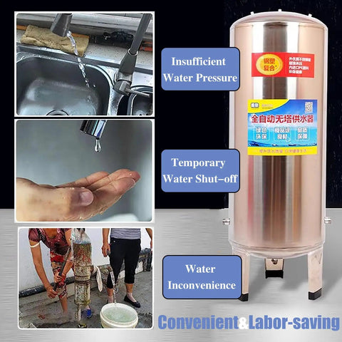 Heavy Duty Steel Vertical Well Water Pressure Tank With 79 Gallon Pre Charged Bladder And No Sweat Mounting Kit For Hot Water Heaters And Rock Solid Daily Water Boosts shown with insufficient water pressure.