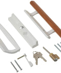 Patio Door Handle Set With Diecast Body And Wood Pull, White Finish, Mortise Lock, Keyed, Fits 3-15/16 Inch Center To Center