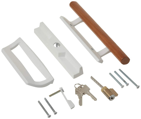 Patio Door Handle Set With Diecast Body And Wood Pull, White Finish, Mortise Lock, Keyed, Fits 3-15/16 Inch Center To Center