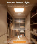 Cordless Motion Sensor LED Ceiling Light With Rechargeable Battery installed in a closet demonstrating motion detection range.
