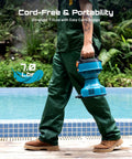 Person holding Floating Battery Powered Water Transfer Pump 720 GPH Cordless with 25 ft lift, near a pool.