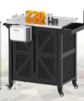 Outdoor Grill Cart With Stainless Steel Tabletop And Storage Cabinet, Portable Grill Island On Four Wheels With Folding Trash Can