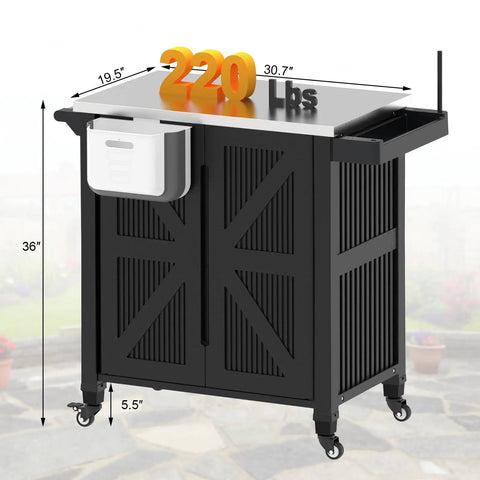 Outdoor Grill Cart With Stainless Steel Tabletop And Storage Cabinet, Portable Grill Island On Four Wheels With Folding Trash Can