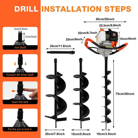 Rugged 52cc Post Hole Digger Auger With 3 Drill Bits showing installation steps; includes safety goggles and tool kit for farmland.